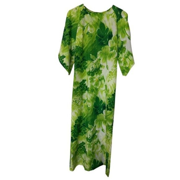 Vintage Pomare 1960s Psychedelic Green Floral Tropical Hawaiian Tiki Maxi Dress - Picture 9 of 9